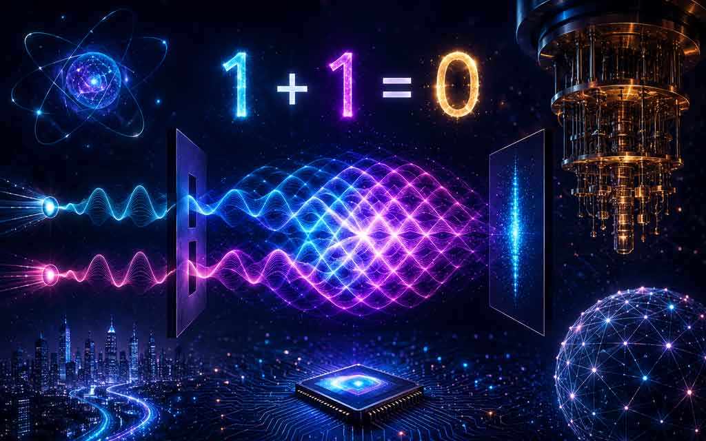 Visualization of quantum interference showing overlapping wave functions canceling each other out inside a futuristic quantum computing environment.