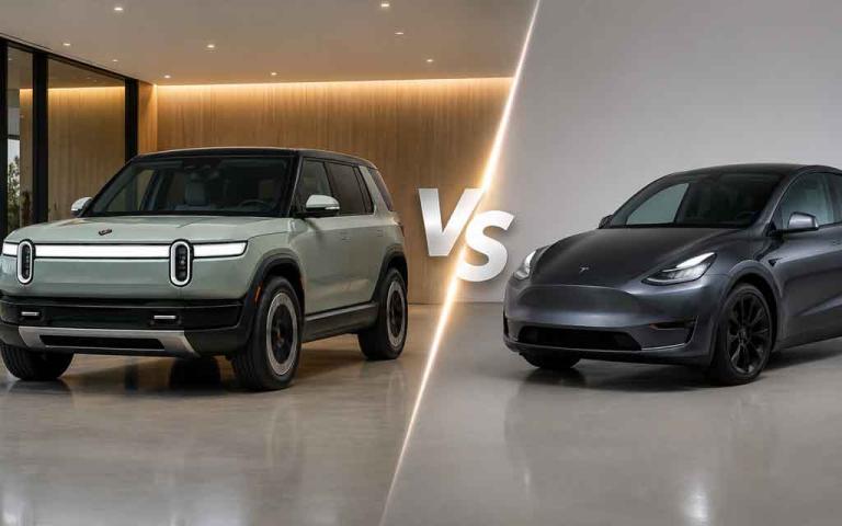 Rivian R2 electric SUV driving on a scenic mountain road showcasing its adventure-focused design and capability.