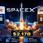Massive AI data center infrastructure powered by thousands of GPUs connected to futuristic SpaceX technology and cloud computing networks