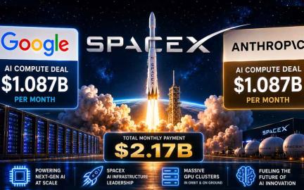Massive AI data center infrastructure powered by thousands of GPUs connected to futuristic SpaceX technology and cloud computing networks