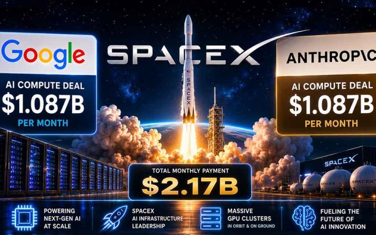 Massive AI data center infrastructure powered by thousands of GPUs connected to futuristic SpaceX technology and cloud computing networks