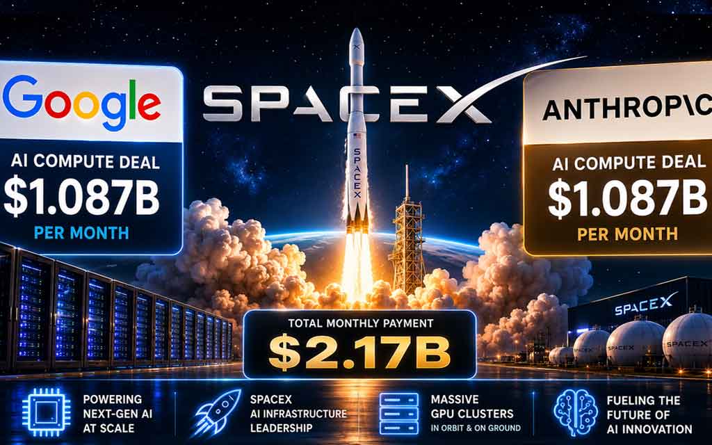 Massive AI data center infrastructure powered by thousands of GPUs connected to futuristic SpaceX technology and cloud computing networks
