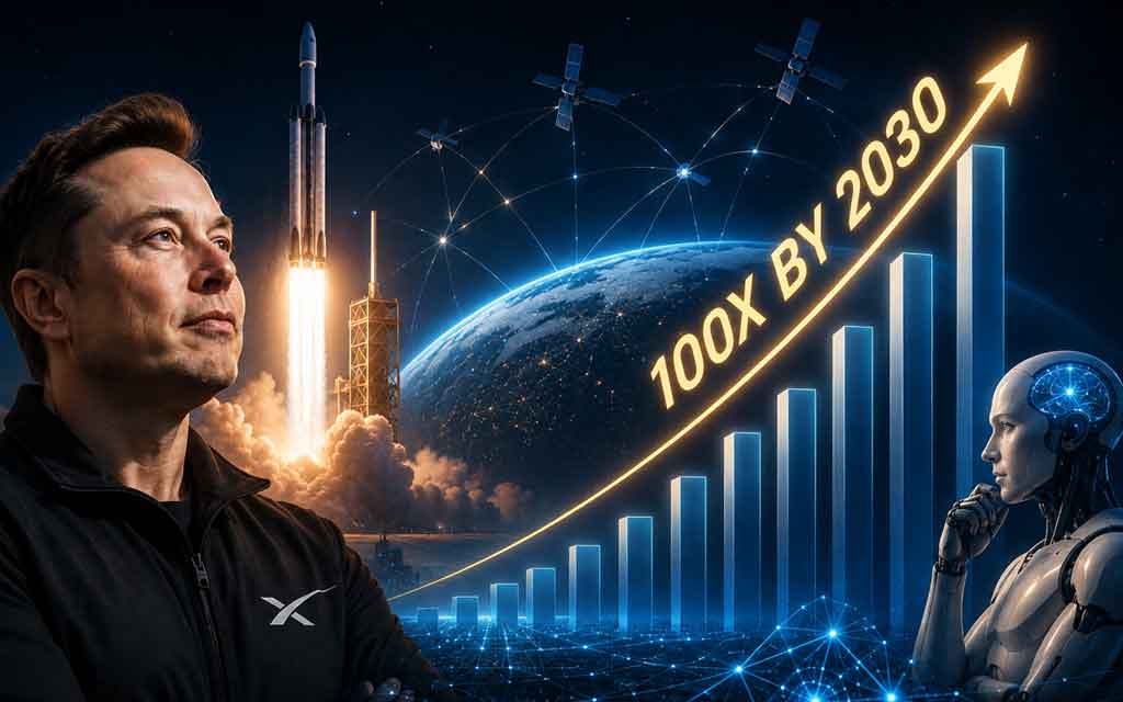 SpaceX satellites and AI infrastructure concept representing projected revenue growth through 2030