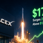 SpaceX SPCX stock debut on Nasdaq with rockets and Starlink satellites representing the historic IPO launch