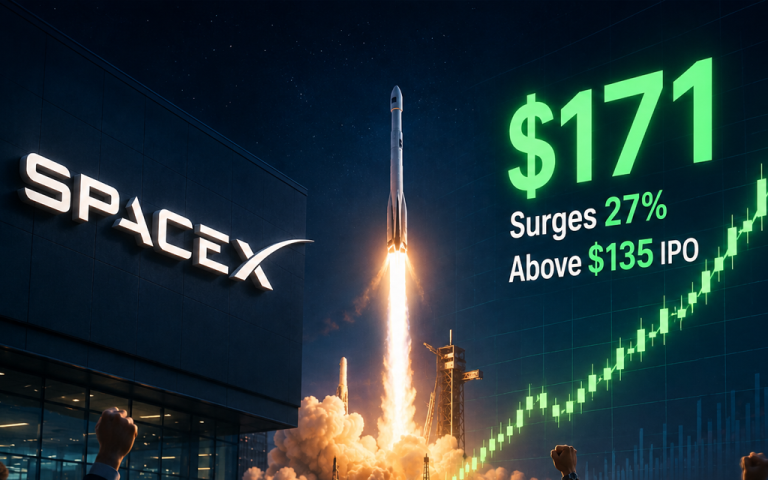 SpaceX SPCX stock debut on Nasdaq with rockets and Starlink satellites representing the historic IPO launch