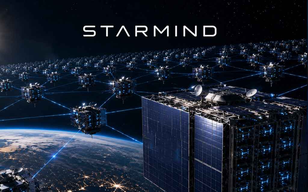 Futuristic AI satellites operating as orbital data centers around Earth with solar panels and advanced computing infrastructure.
