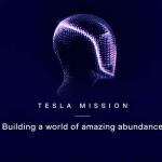 Tesla Optimus humanoid robot standing beside futuristic AI and robotics technology representing Tesla's Amazing Abundance vision.