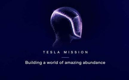 Tesla Optimus humanoid robot standing beside futuristic AI and robotics technology representing Tesla's Amazing Abundance vision.