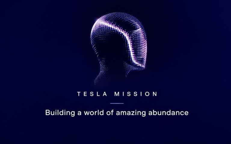 Tesla Optimus humanoid robot standing beside futuristic AI and robotics technology representing Tesla's Amazing Abundance vision.
