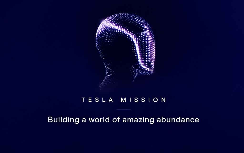 Tesla Optimus humanoid robot standing beside futuristic AI and robotics technology representing Tesla's Amazing Abundance vision.