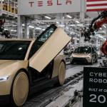 Tesla Cybercab autonomous robotaxi vehicle during production ramp at Giga Texas in 2026