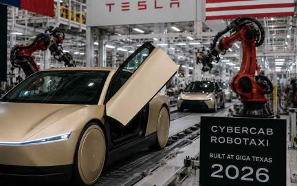 Tesla Cybercab autonomous robotaxi vehicle during production ramp at Giga Texas in 2026