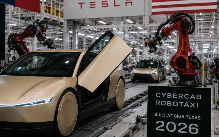 Tesla Cybercab autonomous robotaxi vehicle during production ramp at Giga Texas in 2026