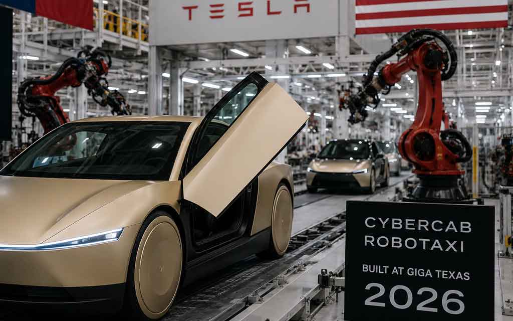Tesla Cybercab autonomous robotaxi vehicle during production ramp at Giga Texas in 2026