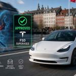 Tesla vehicle using Full Self-Driving Supervised technology after Denmark officially approved FSD for public roads in 2026