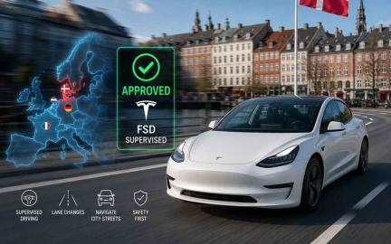 Tesla vehicle using Full Self-Driving Supervised technology after Denmark officially approved FSD for public roads in 2026