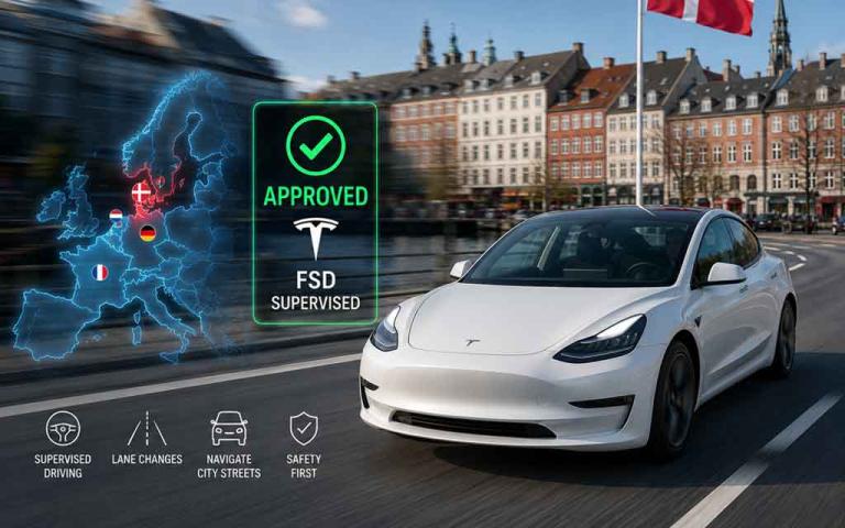 Tesla vehicle using Full Self-Driving Supervised technology after Denmark officially approved FSD for public roads in 2026