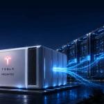 Tesla Megapod modular AI data center connected to Megapack batteries and Supercharger infrastructure powering advanced artificial intelligence workloads.