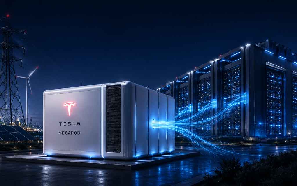 Tesla Megapod modular AI data center connected to Megapack batteries and Supercharger infrastructure powering advanced artificial intelligence workloads.