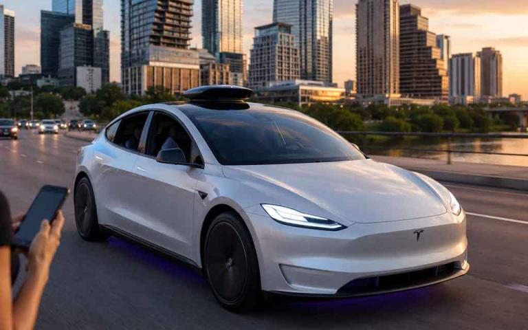 Tesla Robotaxi operating autonomously on Austin Texas city streets without a human driver