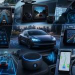 Modern vehicle equipped with AI-powered driving technologies including self-driving assistance, smart navigation, AI dash cam, and predictive maintenance.
