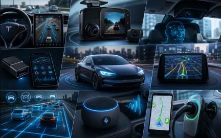 Modern vehicle equipped with AI-powered driving technologies including self-driving assistance, smart navigation, AI dash cam, and predictive maintenance.