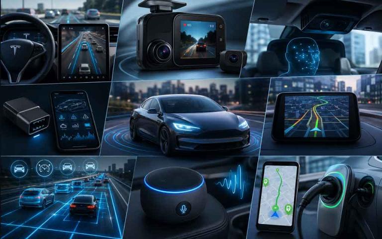 Modern vehicle equipped with AI-powered driving technologies including self-driving assistance, smart navigation, AI dash cam, and predictive maintenance.