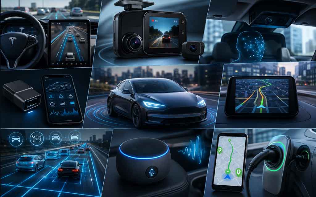 Modern vehicle equipped with AI-powered driving technologies including self-driving assistance, smart navigation, AI dash cam, and predictive maintenance.