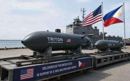 Autonomous Triton underwater and surface drone conducting maritime surveillance in the South China Sea near the Philippines.