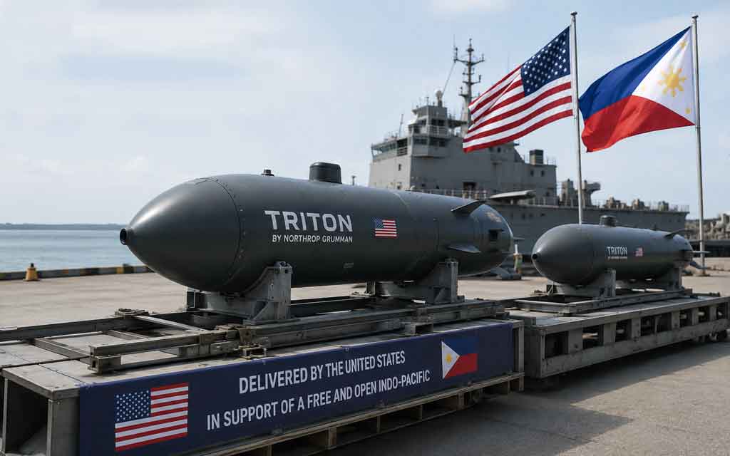 Autonomous Triton underwater and surface drone conducting maritime surveillance in the South China Sea near the Philippines.