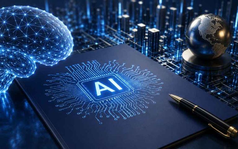 Concept illustration of President Trump announcing a new AI Executive Order with artificial intelligence, cybersecurity, and U.S. technology innovation represented by futuristic digital graphics.