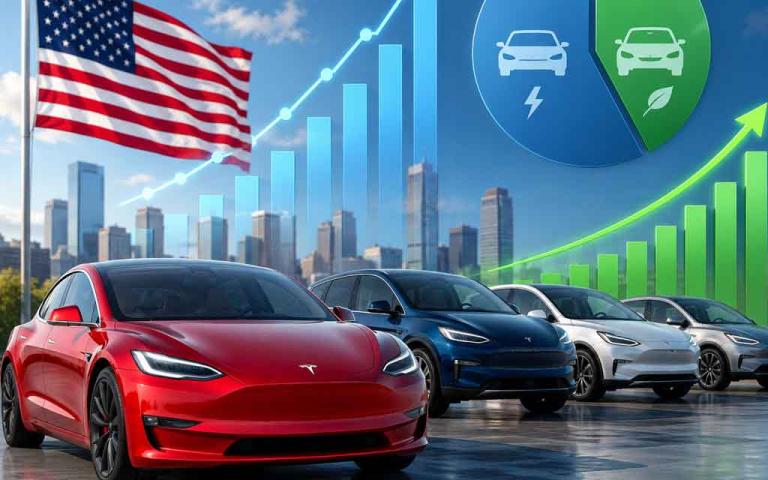 Electric vehicles and hybrid cars displayed with market growth charts representing June 2026 US auto sales trends