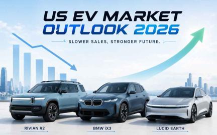 New electric vehicles including Rivian R2, BMW iX3, Lucid Earth, and Tesla Model Y showcased in the United States EV market during 2026