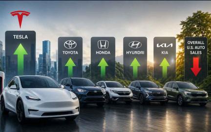 Tesla Model Y leading US electric vehicle sales alongside hybrid vehicles from Toyota Honda Hyundai and Kia in May 2026