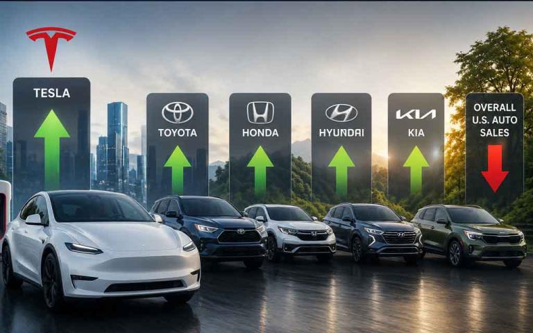 Tesla Model Y leading US electric vehicle sales alongside hybrid vehicles from Toyota Honda Hyundai and Kia in May 2026