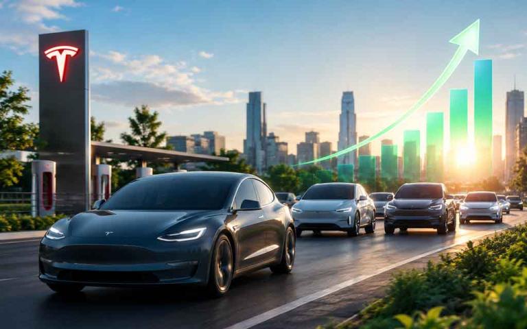 Electric vehicles charging at a modern station with Tesla, Hyundai, and Ford EVs representing the recovering U.S. EV market in 2026.