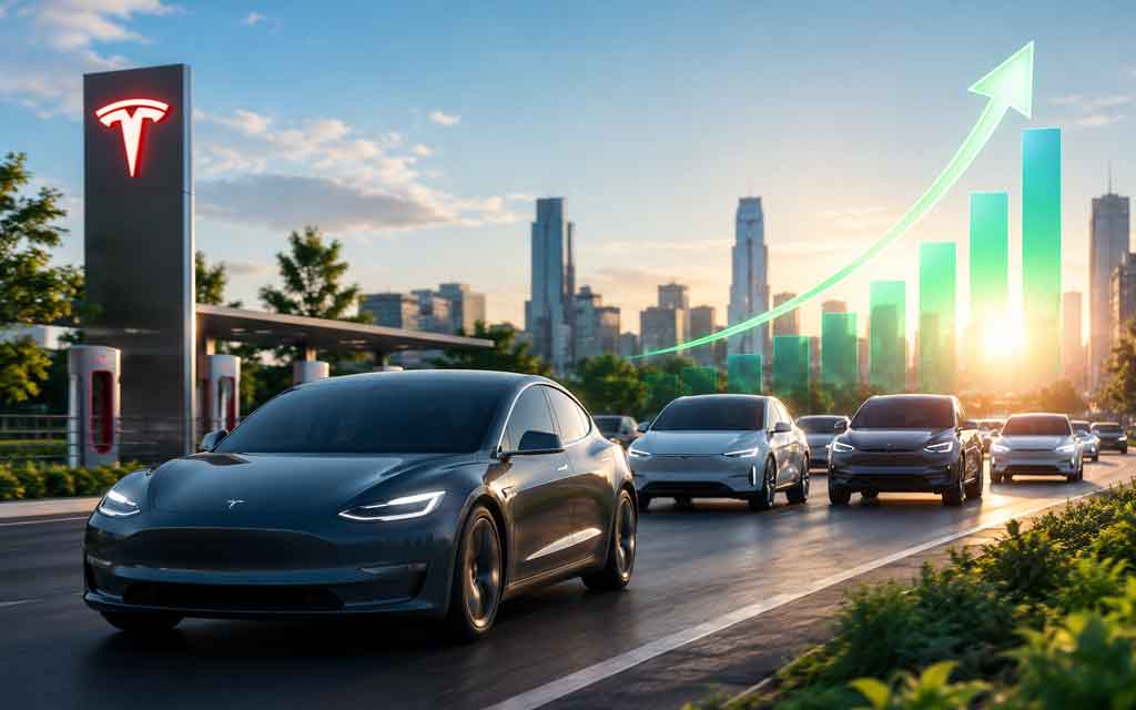 Electric vehicles charging at a modern station with Tesla, Hyundai, and Ford EVs representing the recovering U.S. EV market in 2026.