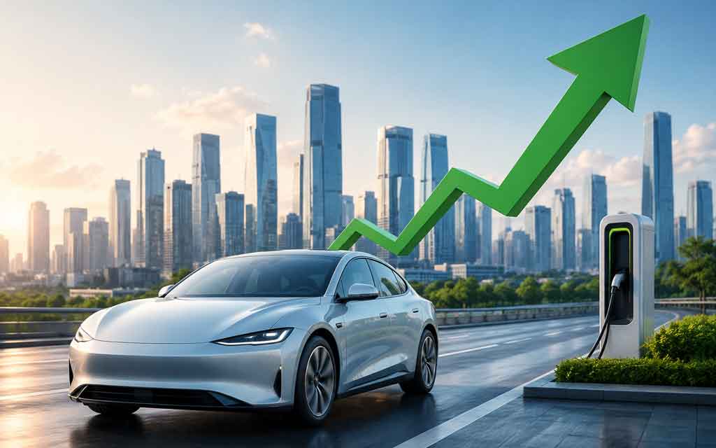 Tesla Model Y and other popular electric vehicles on an American highway, representing the latest US EV sales trends, market share, and electric vehicle adoption in June 2026.