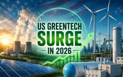 Modern clean energy infrastructure in the United States featuring geothermal plants, solar farms, battery storage systems, and green hydrogen facilities