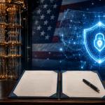 Advanced quantum computer surrounded by secure digital networks and post-quantum cybersecurity systems representing America's quantum technology initiative.