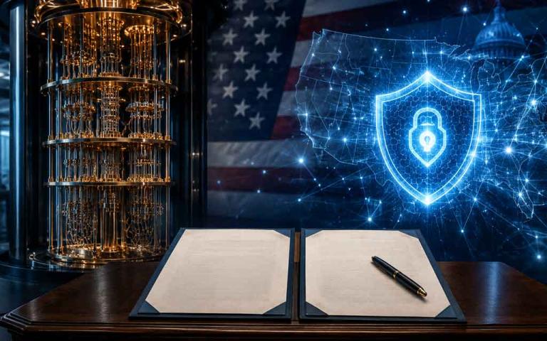 Advanced quantum computer surrounded by secure digital networks and post-quantum cybersecurity systems representing America's quantum technology initiative.