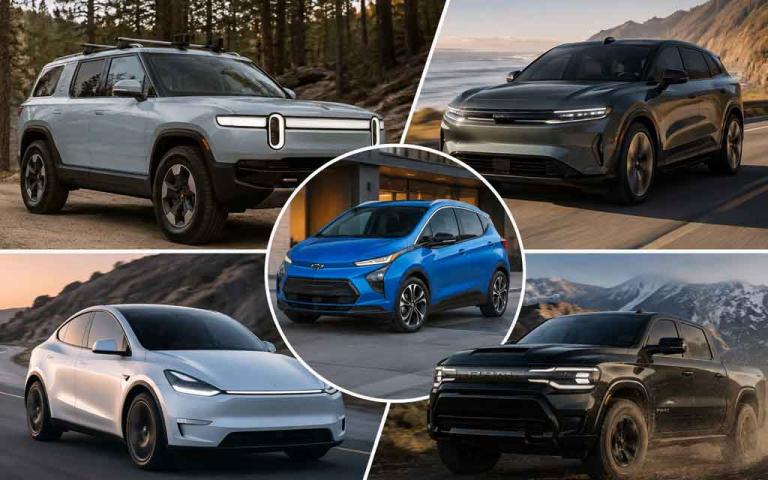 Rivian R2, Lucid Gravity, Chevrolet Bolt and Tesla electric vehicles featured in a modern EV showcase