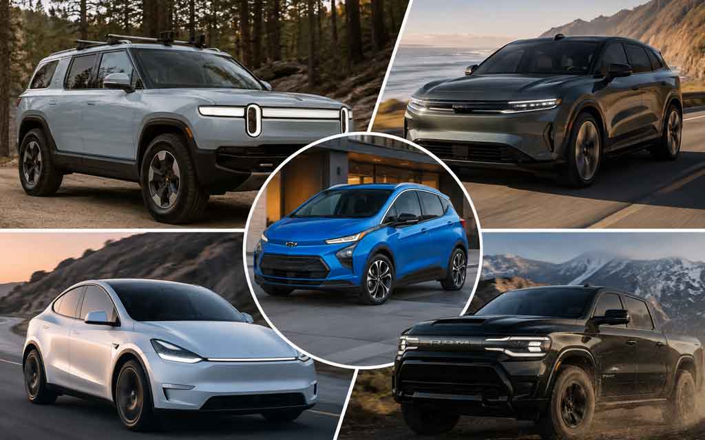 Rivian R2, Lucid Gravity, Chevrolet Bolt and Tesla electric vehicles featured in a modern EV showcase
