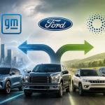 GM, Ford, and Stellantis hybrid and extended-range electric vehicles representing the 2026 shift from pure EVs to hybrid technology in the U.S. automotive market.
