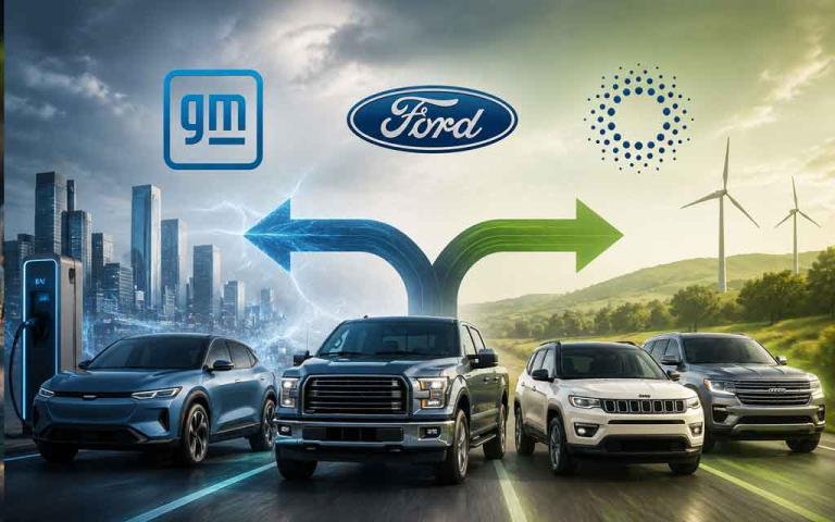 GM, Ford, and Stellantis hybrid and extended-range electric vehicles representing the 2026 shift from pure EVs to hybrid technology in the U.S. automotive market.