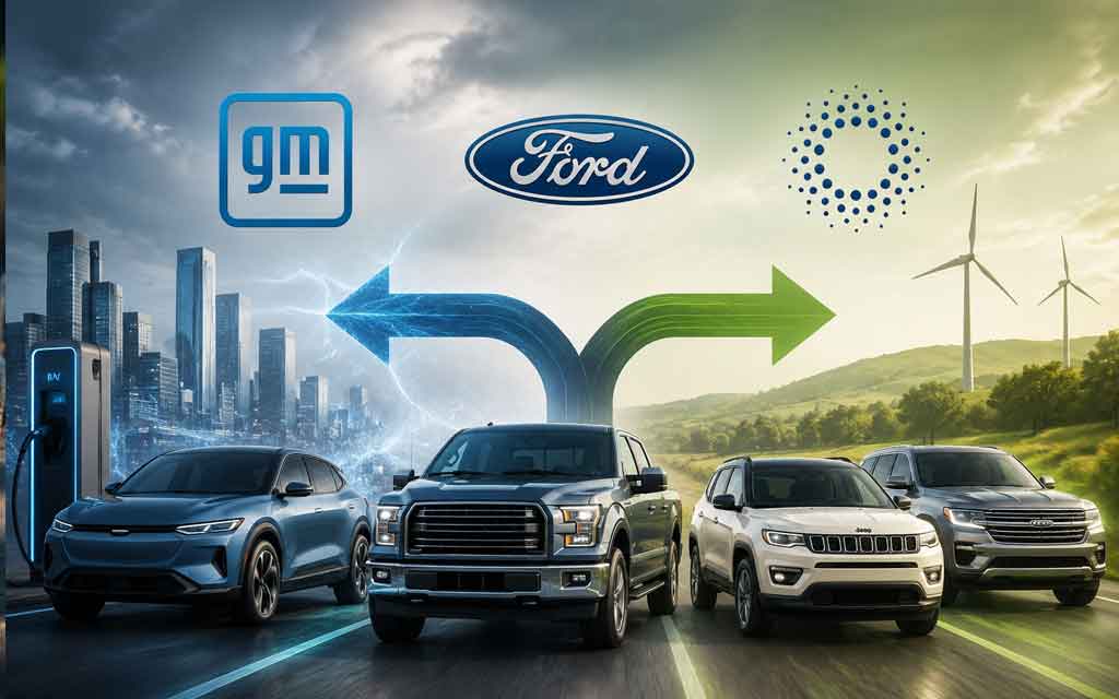 GM, Ford, and Stellantis hybrid and extended-range electric vehicles representing the 2026 shift from pure EVs to hybrid technology in the U.S. automotive market.