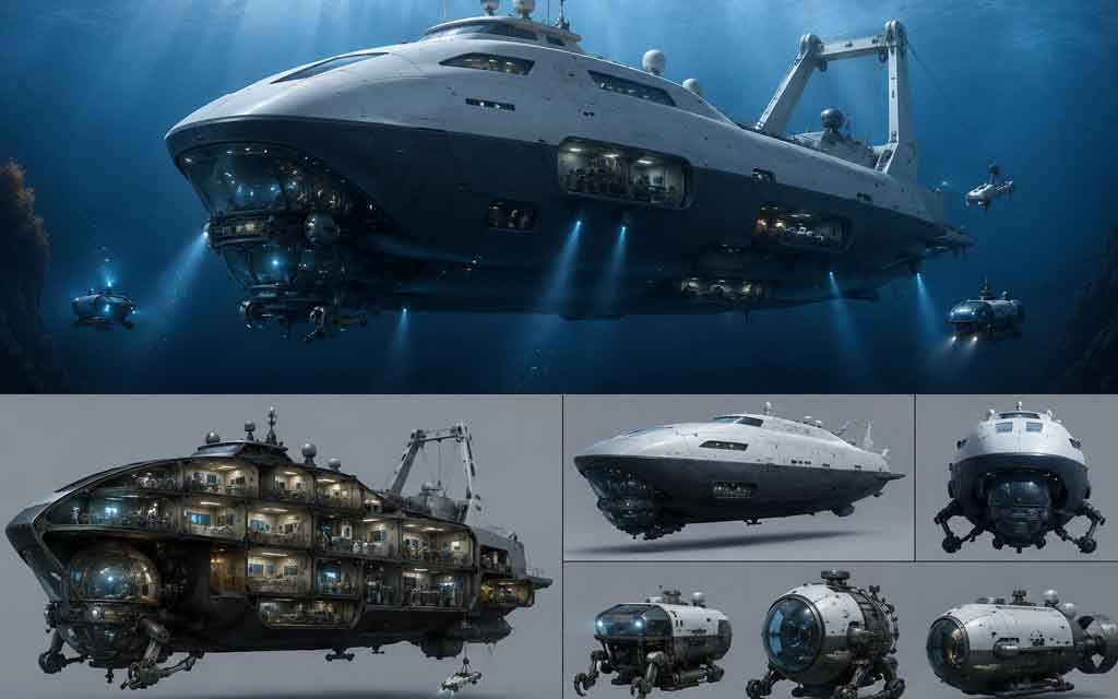 Concept illustration of Gabe Newell's RV11000 deep-sea research vessel designed for full-ocean-depth exploration and scientific expeditions