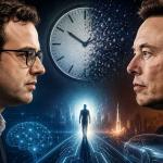 Concept illustration comparing AI software engineering predictions with Tesla Full Self-Driving timelines.