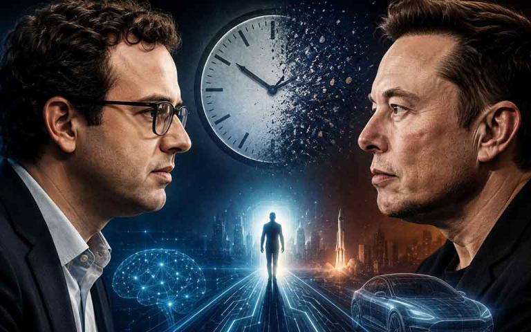Concept illustration comparing AI software engineering predictions with Tesla Full Self-Driving timelines.