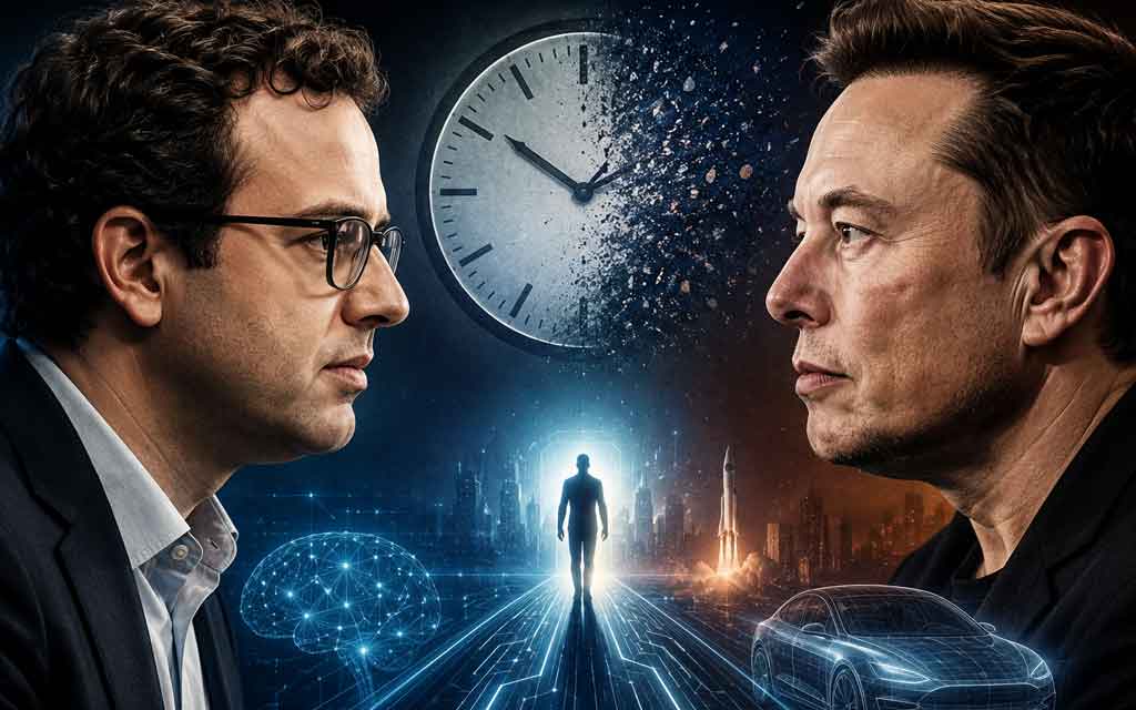 Concept illustration comparing AI software engineering predictions with Tesla Full Self-Driving timelines.